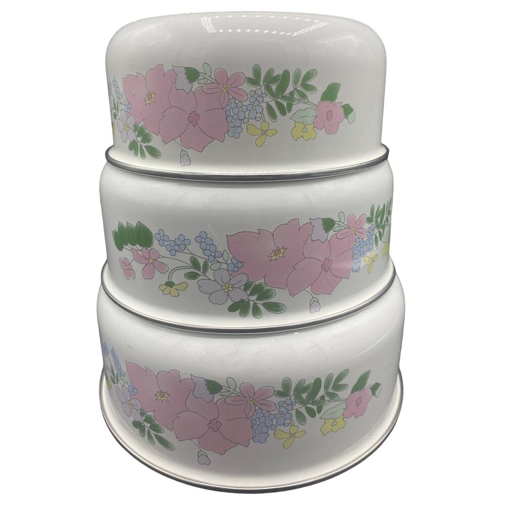 set of 3 Vintage Kobe Kitchen Pink Flower Enamelware Nesting Bowls - Picture 2 of 5